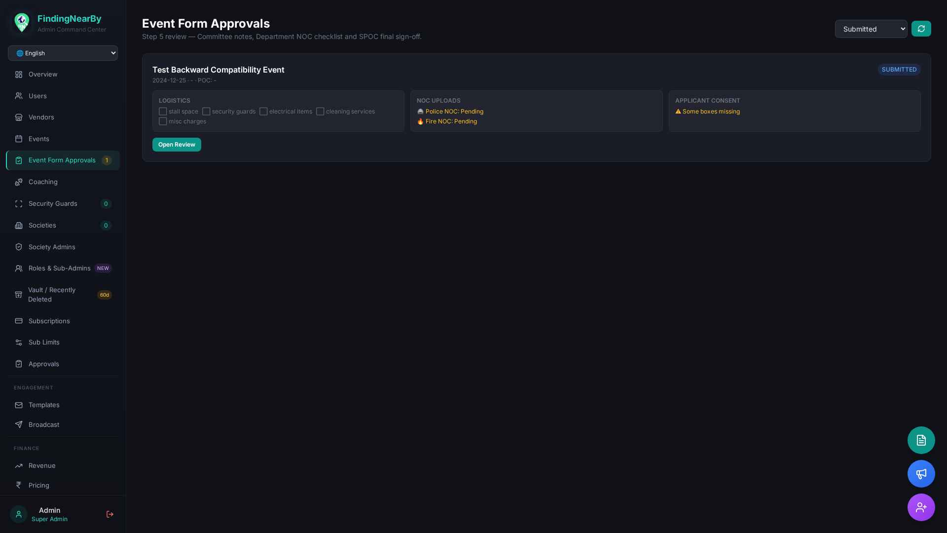 Event Form Approvals list