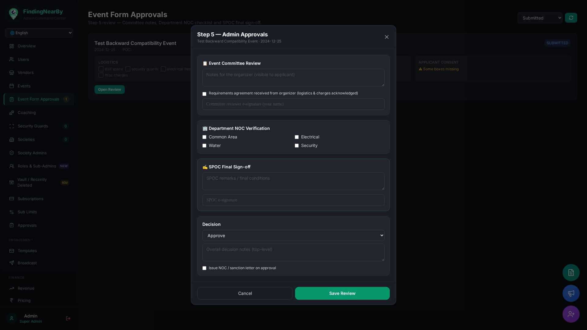 Step 5 — Admin Approvals modal